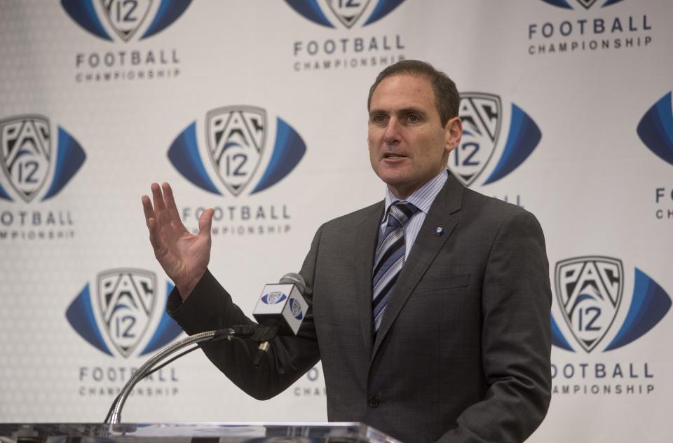 Pac-12 Commissioner Larry Scott talks during a press conference in ASU’s Dutson Theater before ASU plays Stanford for the Pac 12 Championship. Pat Shannahan/The Arizona Republic
