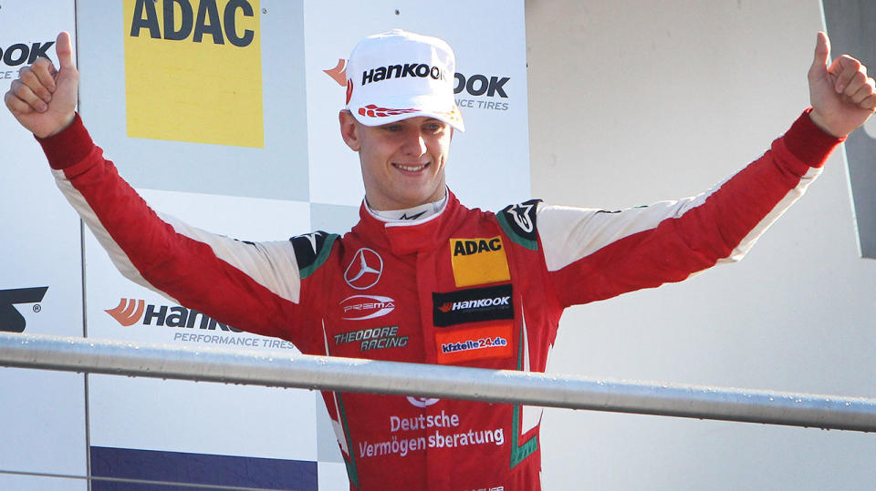 Mick Schumacher celebrates after winning the FIA Formula Three European Championship at the Hockenheim race track in Hockenheim, western Germany, on October 14, 2018. (Getty Images)
