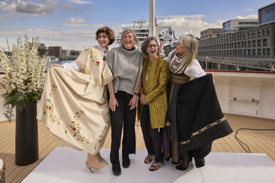 Four Viking “godsisters” together in Amsterdam: from left to right, Sissel Kyrkjebø, godmother of the Viking Jupiter; Liv Arnesen, godmother of the Viking Octantis; Ann Bancroft, godmother of the Viking Polaris; and Viking Executive Vice President Karine Hagen, godmother of the Viking Sea. For more information, visit www.viking.com.