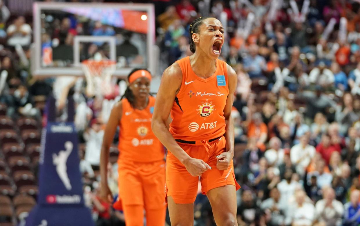 Oct 8, 2019; Uncasville, CT, USA; Connecticut Sun guard Jasmine Thomas (5) reacts after her basket against the Washington Mystics during the first quarter in game four of the 2019 WNBA Finals at Mohegan Sun Arena. Mandatory Credit: David Butler II-USA TODAY Sports