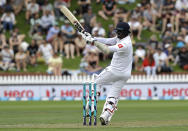 Sri Lanka's Angelo Mathews plays a pull shot during play on day one of the first cricket test against New Zealand in Wellington, New Zealand, Saturday, Dec. 15, 2018. (AP Photo/Mark Baker )