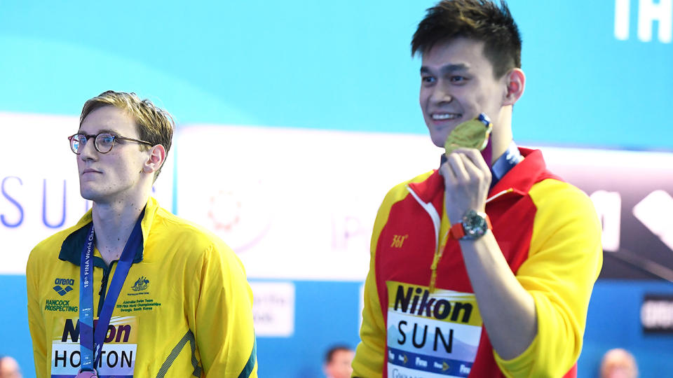 Mack Horton, pictured here refusing to take the podium with Sun Yang at the 2019 FINA World Championships.