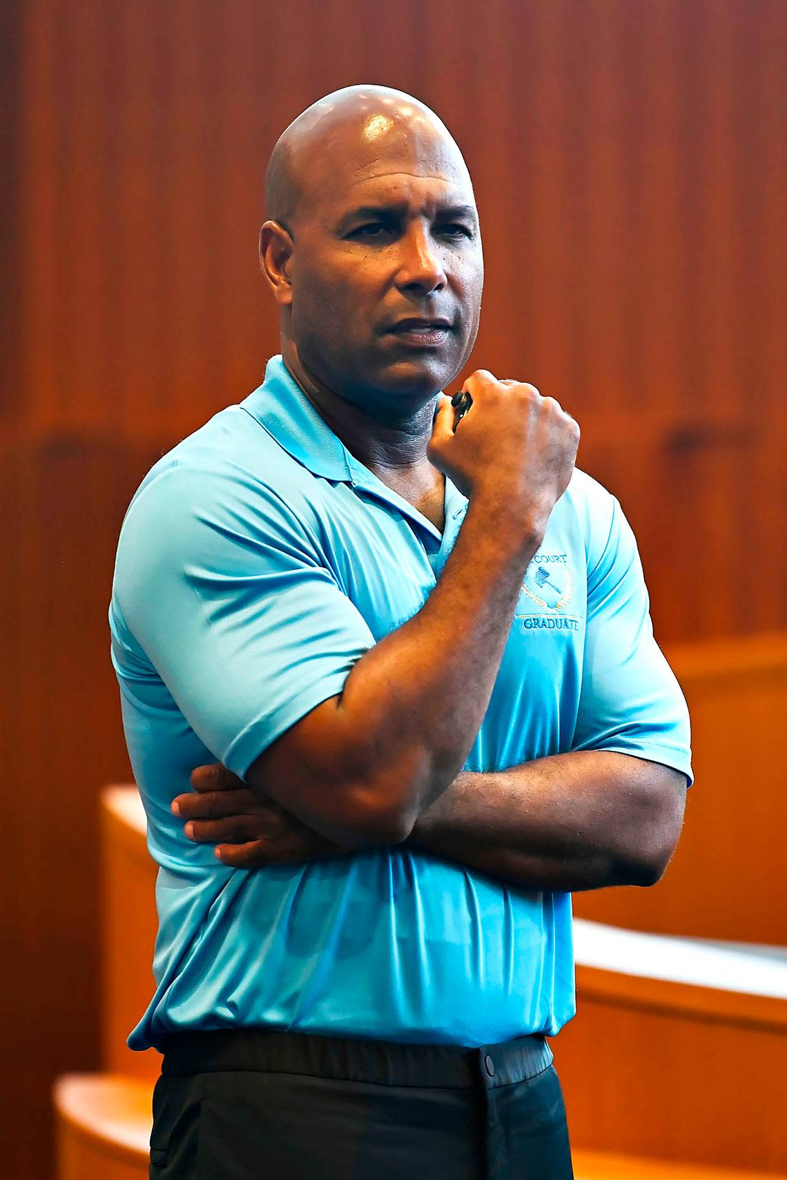 Darryl Richardson expresses his thanks to the CARE Court that helped guide him after his release from prison during a ceremony on Thursday, April 18, 2024, in Miami federal court. He received his associate’s degree from Miami Dade College’s Culinary Institute on Saturday.