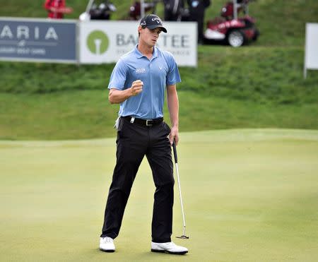 Thomas Pieters of Belgium reacts during the Made in Denmark, European Tour golf tournament, final round in Farso, August 28, 2016. REUTERS/Henning Bagger/Scanpix Denmark