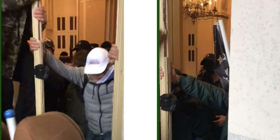 Screenshots from video Walden posted from the siege that shows him entering the Capitol building.