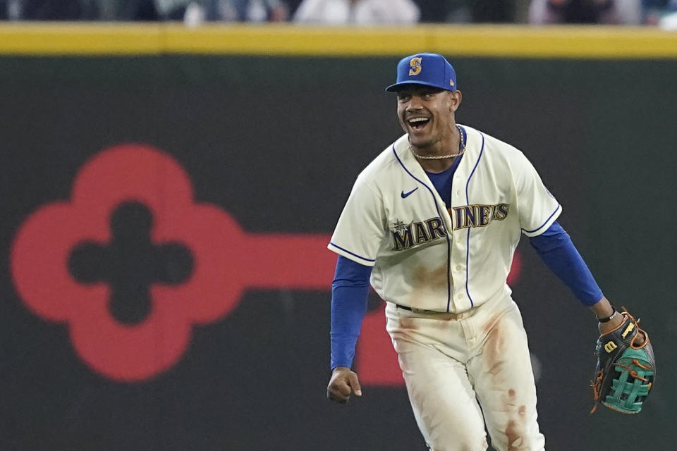 Seattle Mariners' Julio Rodriguez reacts at the end of a baseball game against the Oakland Athletics, Sunday, July 3, 2022, in Seattle. (AP Photo/Ted S. Warren)