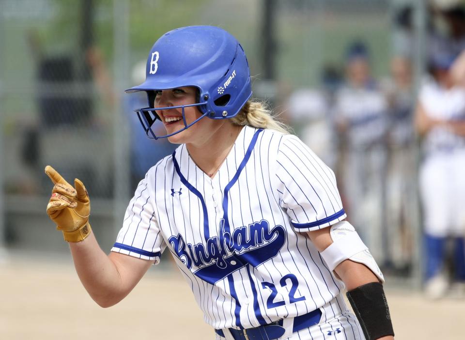 Bingham’s Shelbee Jones gestures to a teammate in the 6A semifinal game against Riverton at the Cottonwood Complex in Murray on Wednesday, May 24, 2023. | Laura Seitz, Deseret News