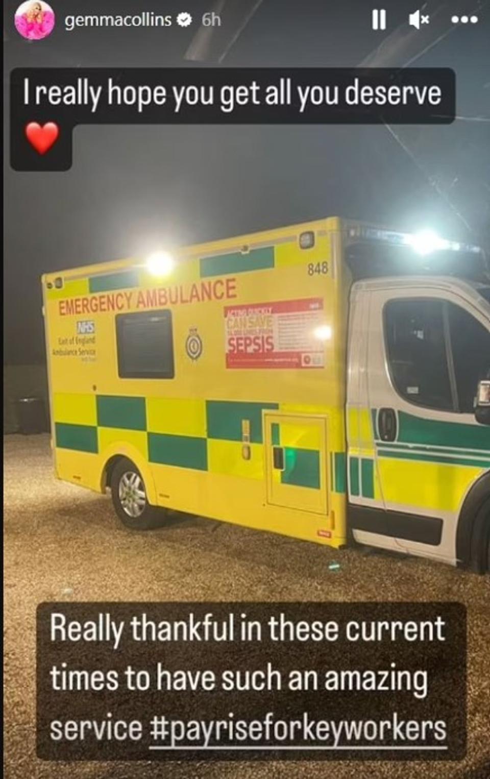 The TOWIE star took to her IG Story to thank the ambulance service (Instagram/GemmaCollins)