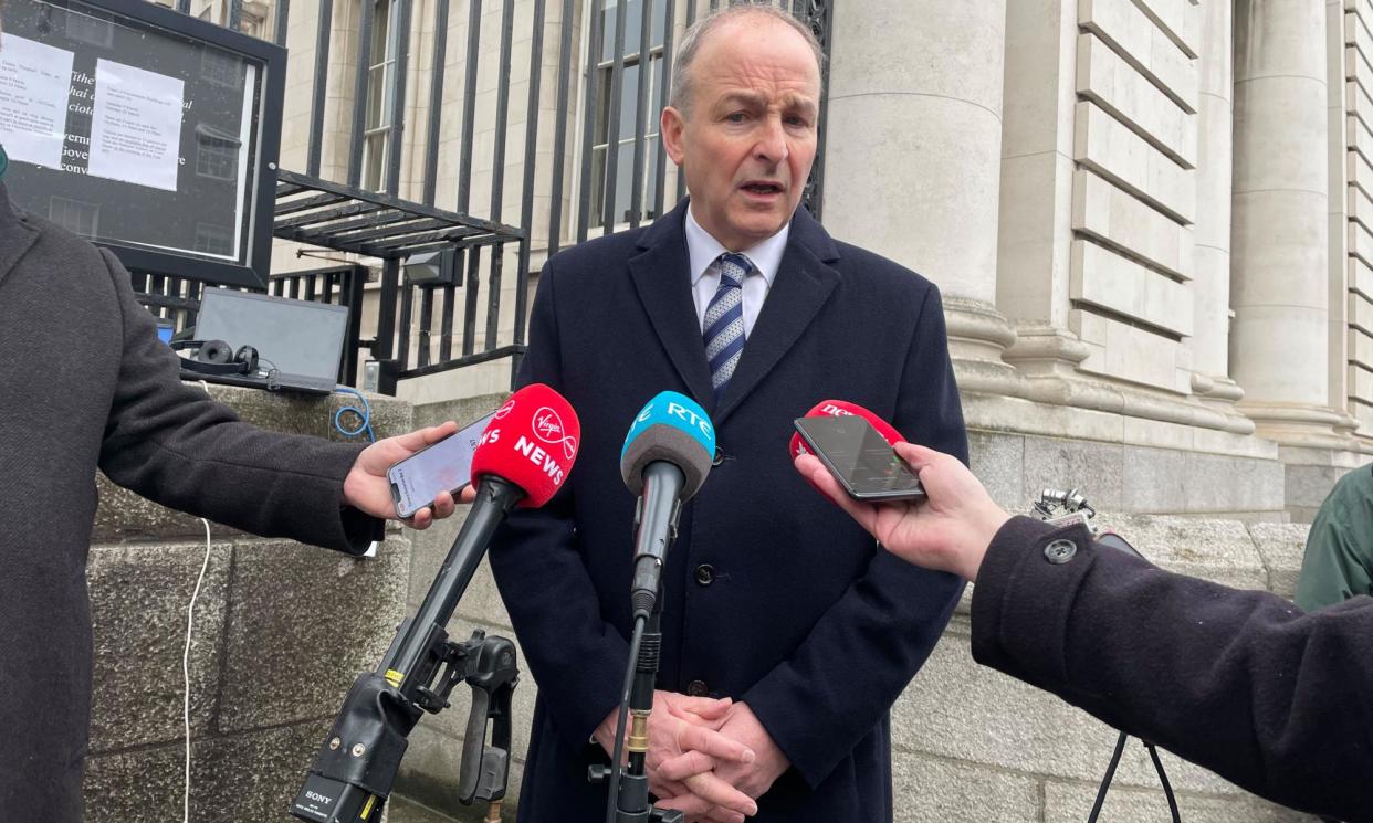 <span>Micheál Martin tells the media that Ireland will intervene in South Africa’s genocide case against Israel. </span><span>Photograph: Grainne Ni Aodha/PA</span>