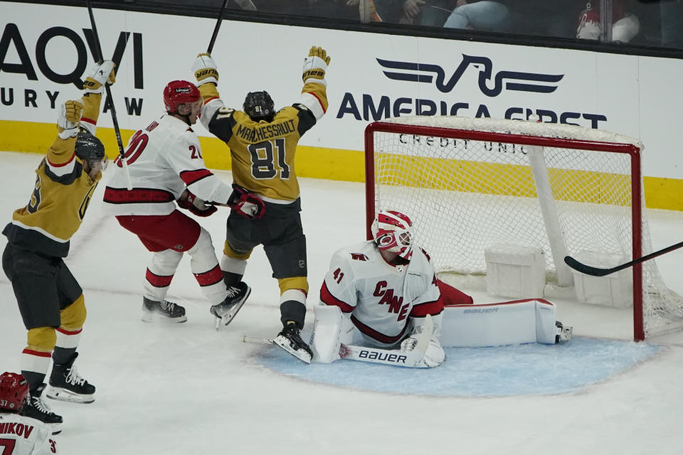 Vegas Golden Knights right wing Jonathan Marchessault (81) celebrates after scoring against Carolina Hurricanes goaltender Spencer Martin (41) during the first period of an NHL hockey game Friday, Jan. 4, 2019, in Las Vegas. (AP Photo/John Locher)