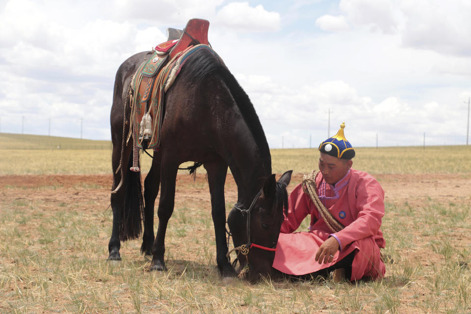 A herder sits with his horse on an open plain in Inner Mongolia, China, July 2019. Scientists analyzed ancient horse genomes to calculate dates for the domestication of the modern horse -- 4,200 years ago, according to new research published Thursday, June 6, 2024, in the journal Nature. (Ludovic Orlando/Centre for Anthropobiology and Genomics of Toulouse, CAGT via AP)