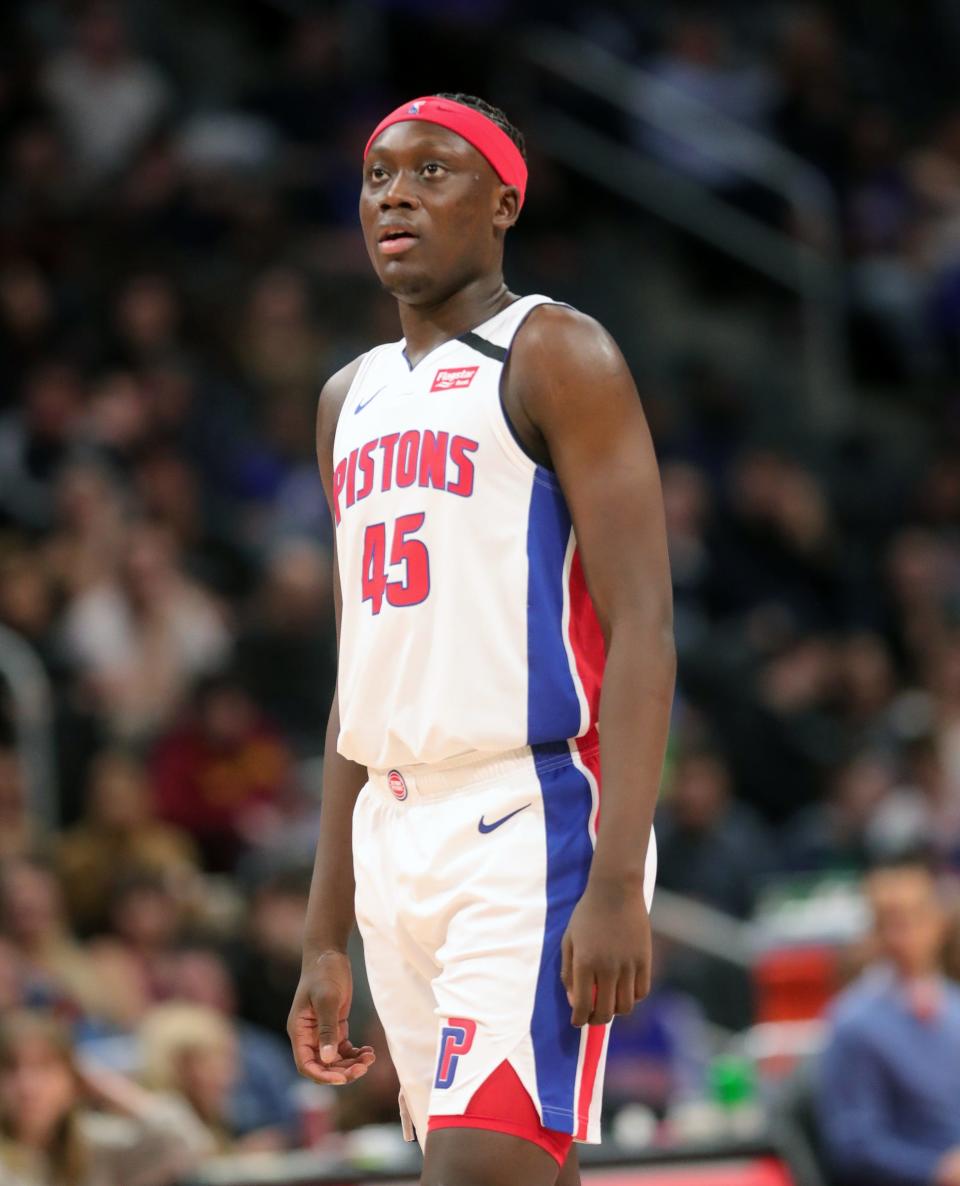 Detroit Pistons forward Sekou Doumbouya during the first period against the Cleveland Cavaliers, Thursday, Jan. 9, 2020 at Little Caesars Arena.