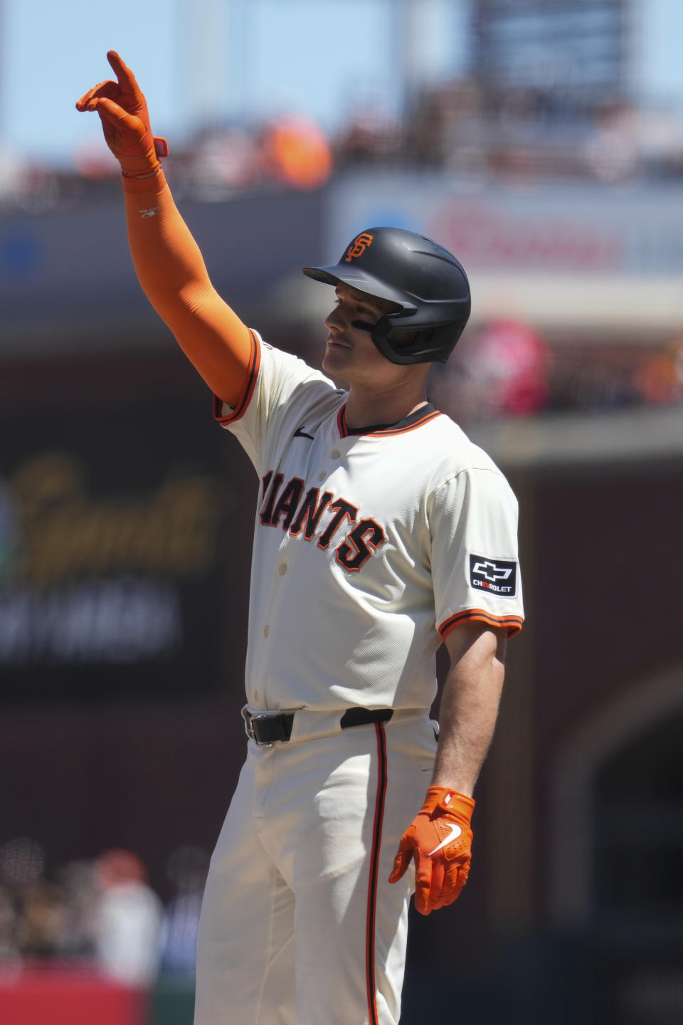 San Francisco Giants' Matt Chapman reacts after hitting a single against the Pittsburgh Pirates during the third inning of a baseball game Sunday, April 28, 2024, in San Francisco. (AP Photo/Godofredo A. Vásquez)