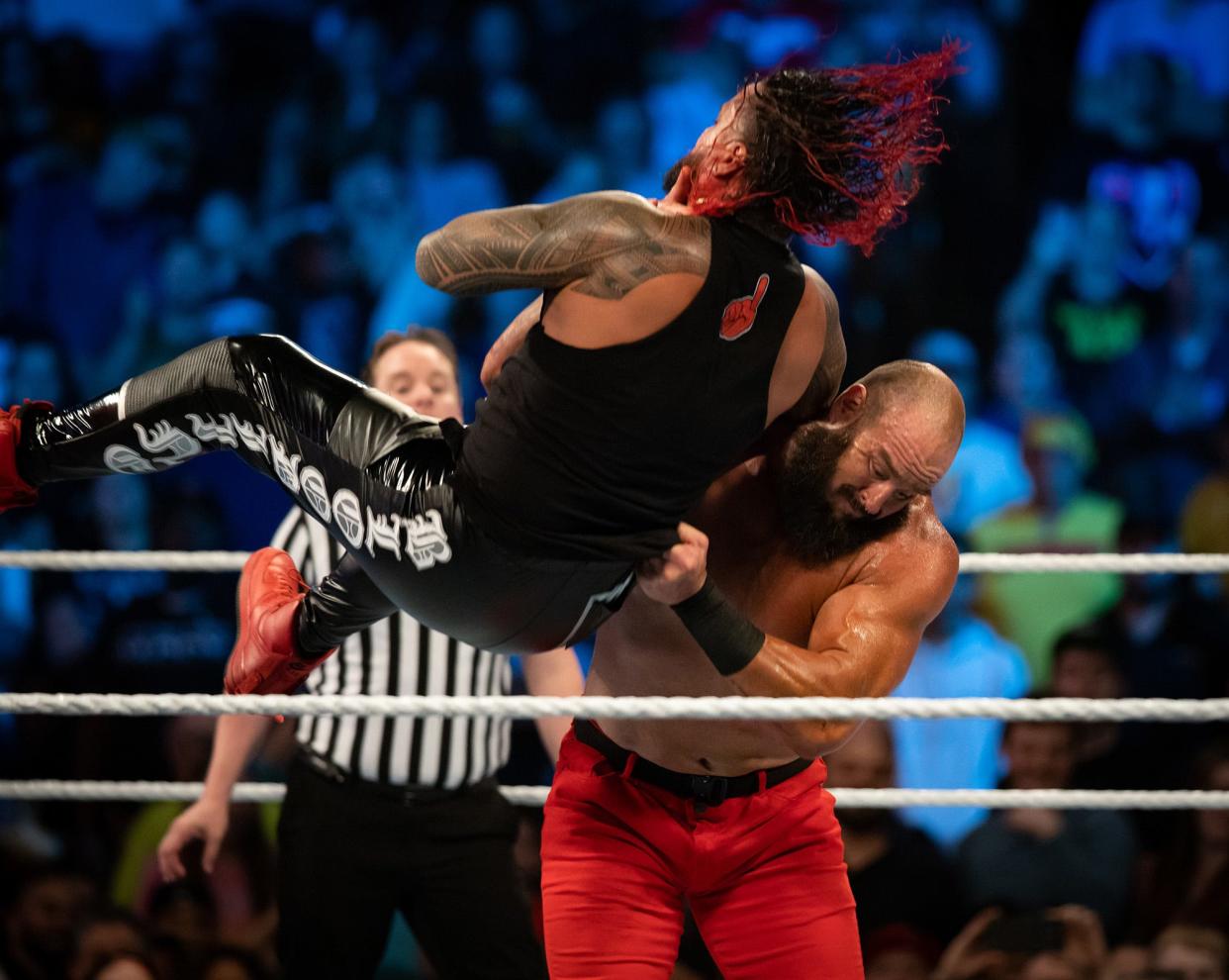 WWE star Braun Strowman delivers a chokeslam to Jimmy Uso during "WWE Friday Night SmackDown" on Oct. 7 at the DCU Center in Worcester, Mass.