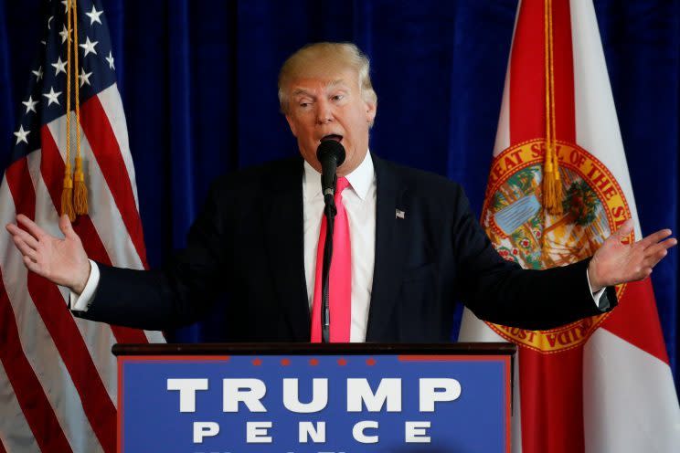 Republican presidential nominee Donald Trump speaks at a campaign event in Miami. (Photo: Carlo Allegri/Reuters)