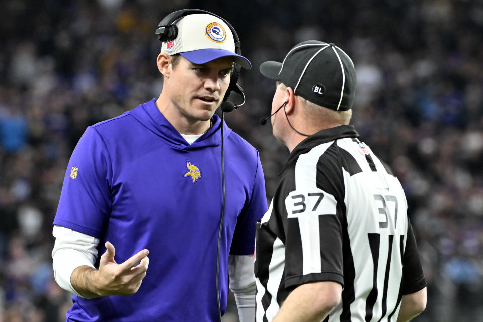 Minnesota Vikings head coach Kevin O'Connell talks with the referee during the second half of an NFL football game against the Las Vegas Raiders, Sunday, Dec. 10, 2023, in Las Vegas. (AP Photo/David Becker)