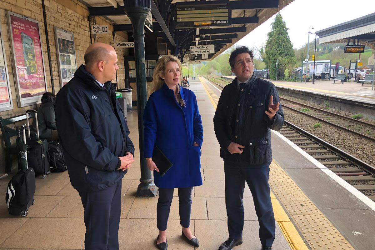 Rail minister Huw Merriman visited the Stroud railway station with MP Siobhan Baillie plus Joe Graham of Great Western Railway to discuss accessibility <i>(Image: MP Siobhan Baillie's office)</i>