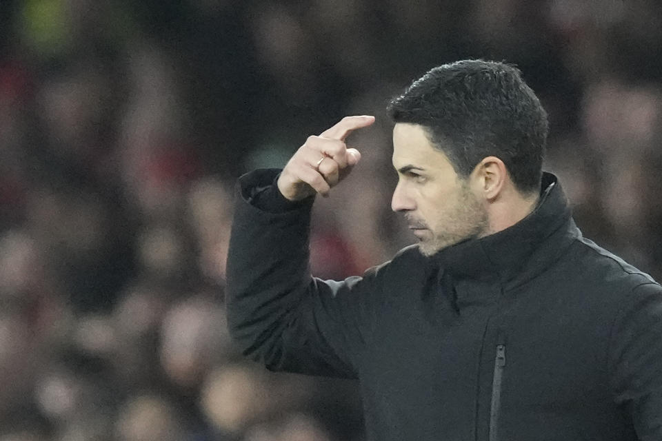 Arsenal's manager Mikel Arteta gestures during the English Premier League soccer match between Arsenal and Brentford at the Emirates Stadium in London, England, Saturday, March 9, 2024. (AP Photo/Frank Augstein)
