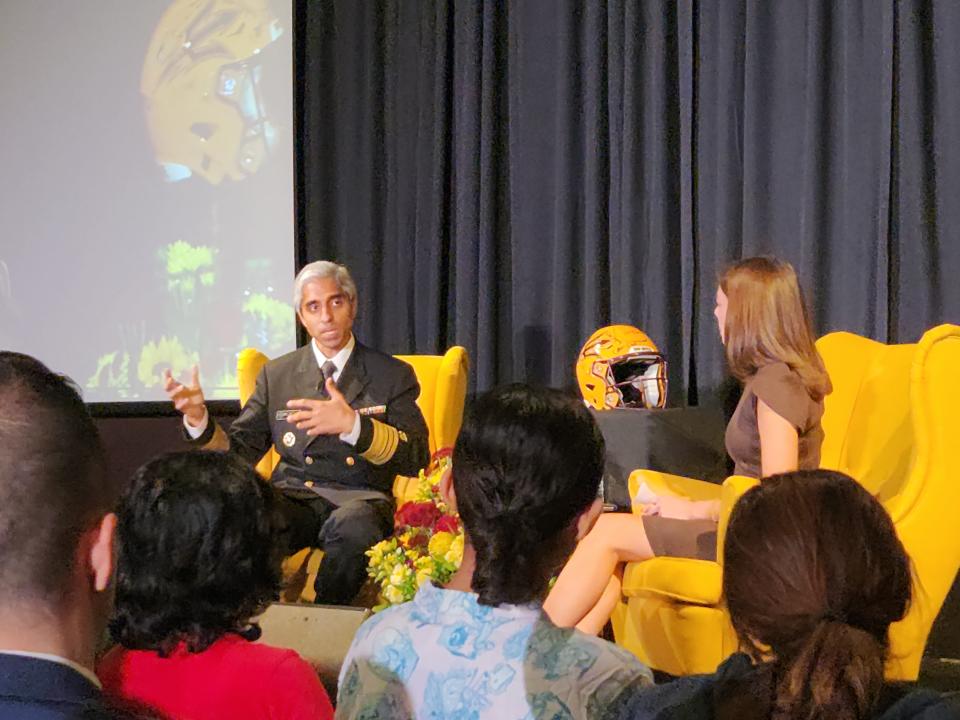 US Surgeon General Dr. Vivek Murthy and Emma Broyles discuss the importance of connecting with others at ASU on Nov. 13, 2023.