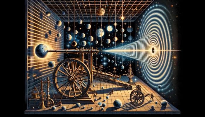 An illustration showing that heavy particles create an interference pattern seen in quantum physics and the curvature of space-time as described by general relativity.