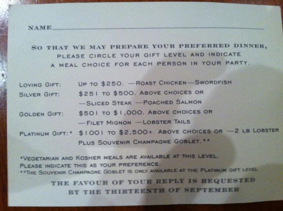 The guest's dinner is determined by how much they are planning on spending on the gift. Source: Reddit