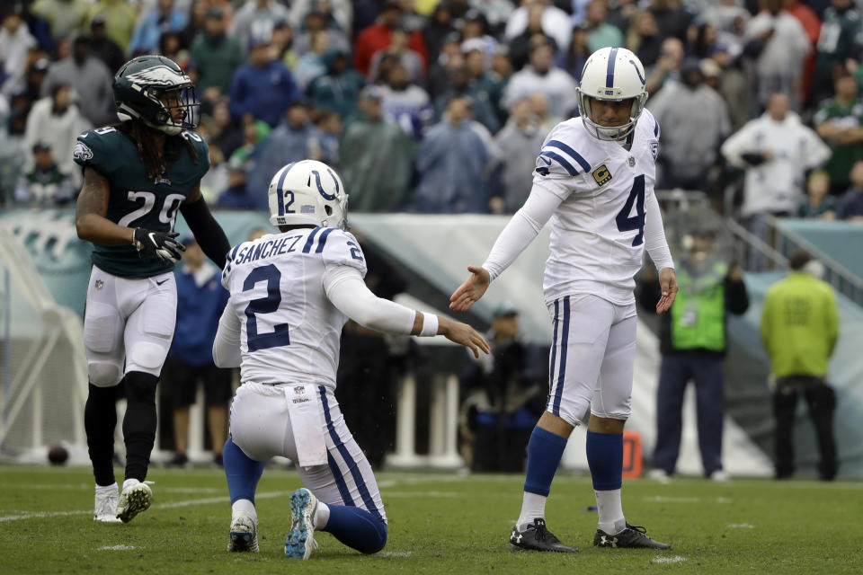 Indianapolis Colts' Adam Vinatieri (4) celebrates after a field goal with Rigoberto Sanchez (2) during the second half of an NFL football game against the Philadelphia Eagles, Sunday, Sept. 23, 2018, in Philadelphia. (AP Photo/Matt Rourke)