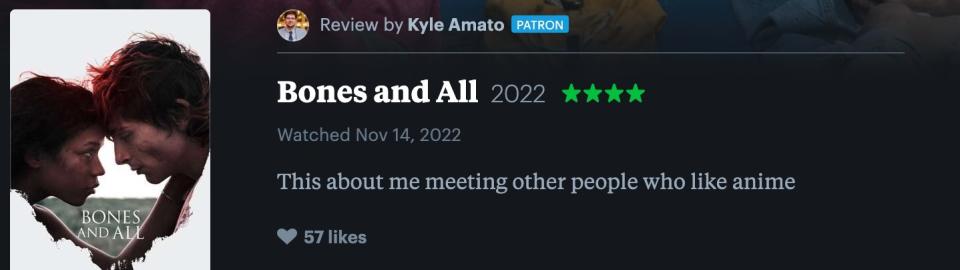 4 star Letterboxd review for "Bones And All"