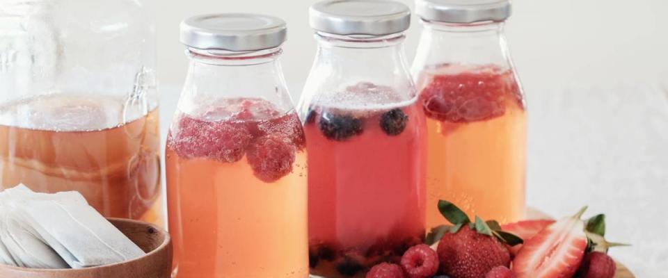 Kombucha fruit tea in glass jars