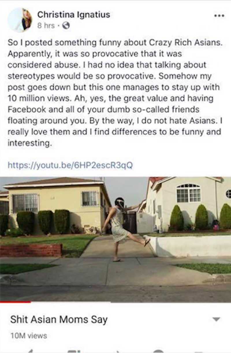 Ignatius responded to criticism of her since-deleted Facebook post, writing, “I had no idea that talking about stereotypes would be so provocative,” and sharing a YouTube video titled “S*** Asian Moms Say.” This post has also been deleted. (Photo: via Facebook)