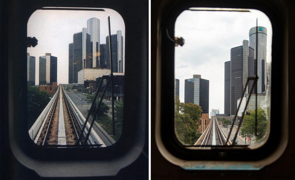 LEFT: View of the Renaissance Center from Detroit People Mover rear window in downtown Detroit in the 1980s. RIGHT: View from Wednesday, Sept. 20, 2023.