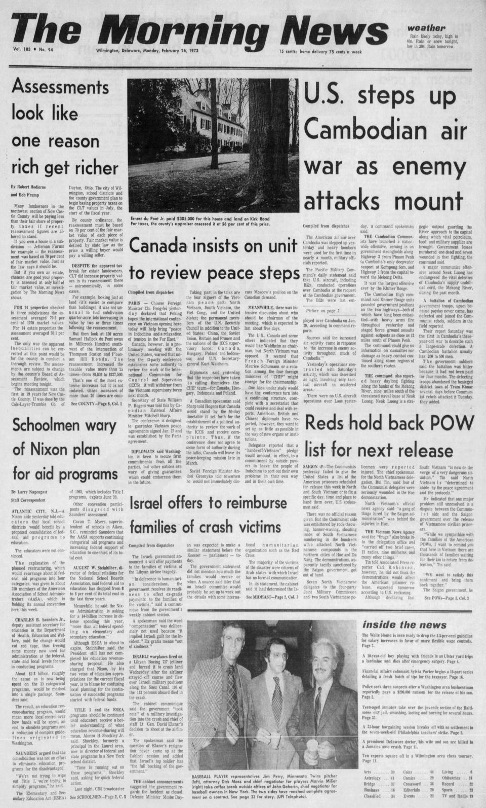 Front page of The Morning News from Feb. 26, 1973.