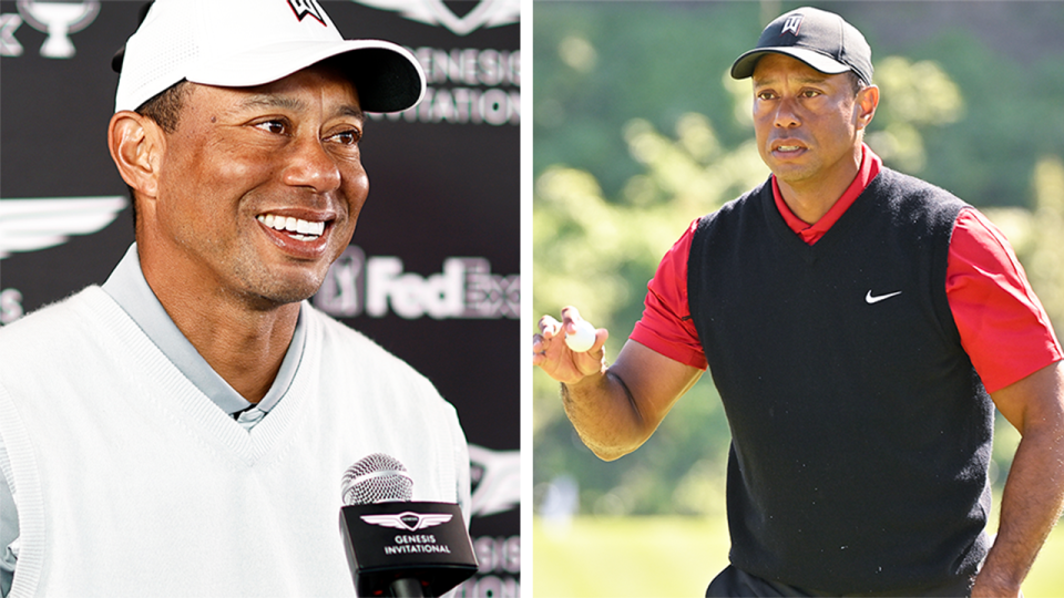 Tiger Woods (pictured left) during an interview and (pictured right) Woods acknowledging the crowd.