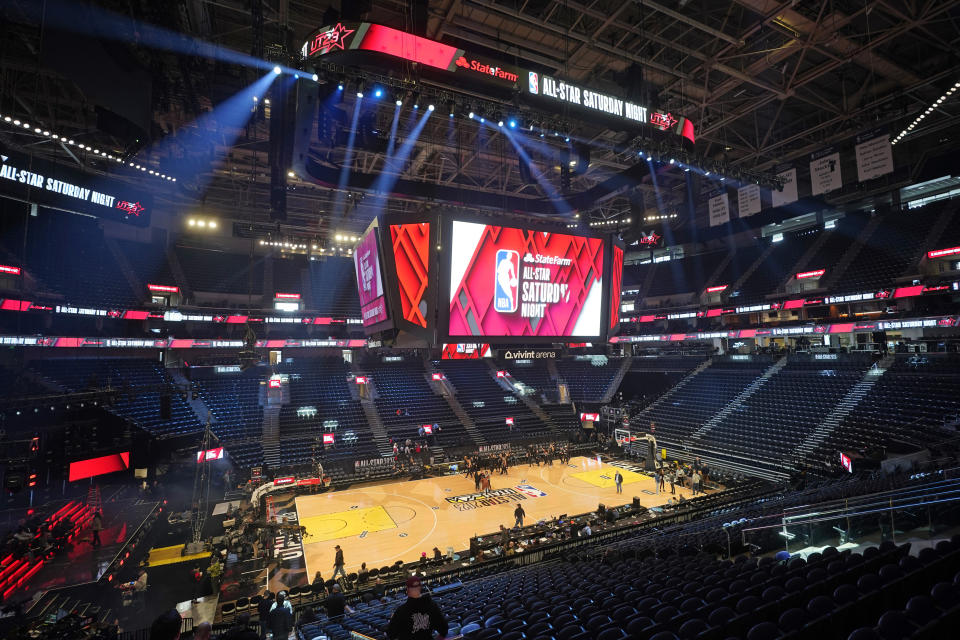 Members of the media are taken on a tour during the transformation taking place inside Vivint Arena before the start of the NBA basketball All-Star weekend Wednesday, Feb. 15, 2023, in Salt Lake City. More than 60 players are making their way to Salt Lake City for All-Star weekend, some of them for the first time, one of them for the 19th time. And while some events will tout the league's future, many will be celebrating the past.(AP Photo/Rick Bowmer)