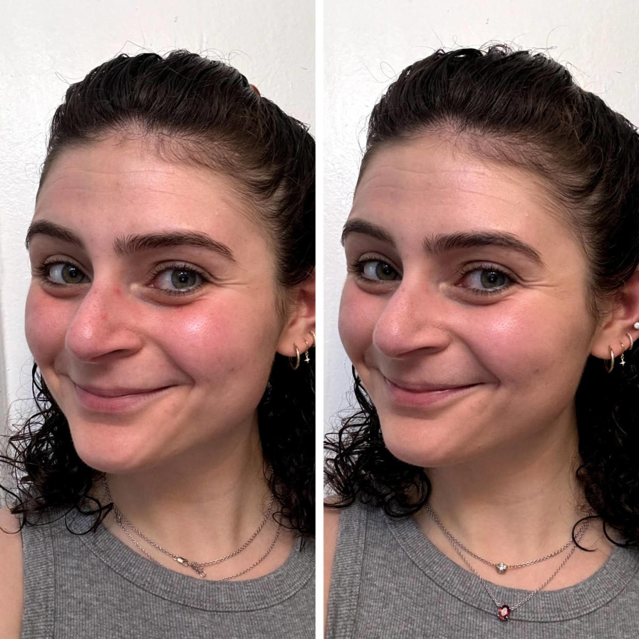 A woman before (left) and after (right) applying the Tower 28 SunnyDays SPF 30 Tinted Sunscreen in shade 13, La Cienega. (Courtesy Zoe Malin, NBC Select associate updates editor)