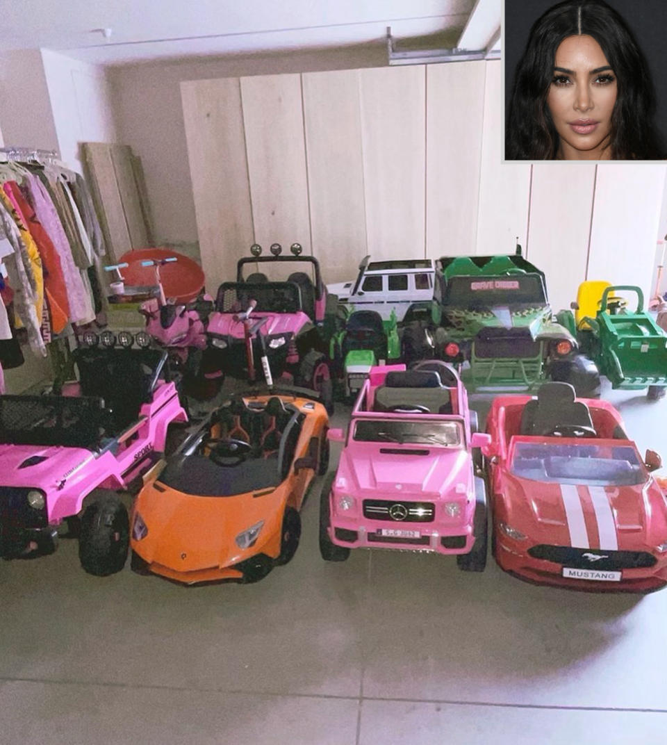 <p>The <em>Keeping Up With the Kardashians</em> star shared a pic of her "<a href="https://www.instagram.com/p/CODVTElAfHO/" rel="nofollow noopener" target="_blank" data-ylk="slk:Garage;elm:context_link;itc:0;sec:content-canvas" class="link ">Garage</a>," filled with plenty of pint-sized vehicles for her kids — North, 7, Saint, 5, Chicago, 3 and Psalm, who turns 2 next month — and their cousins. </p>