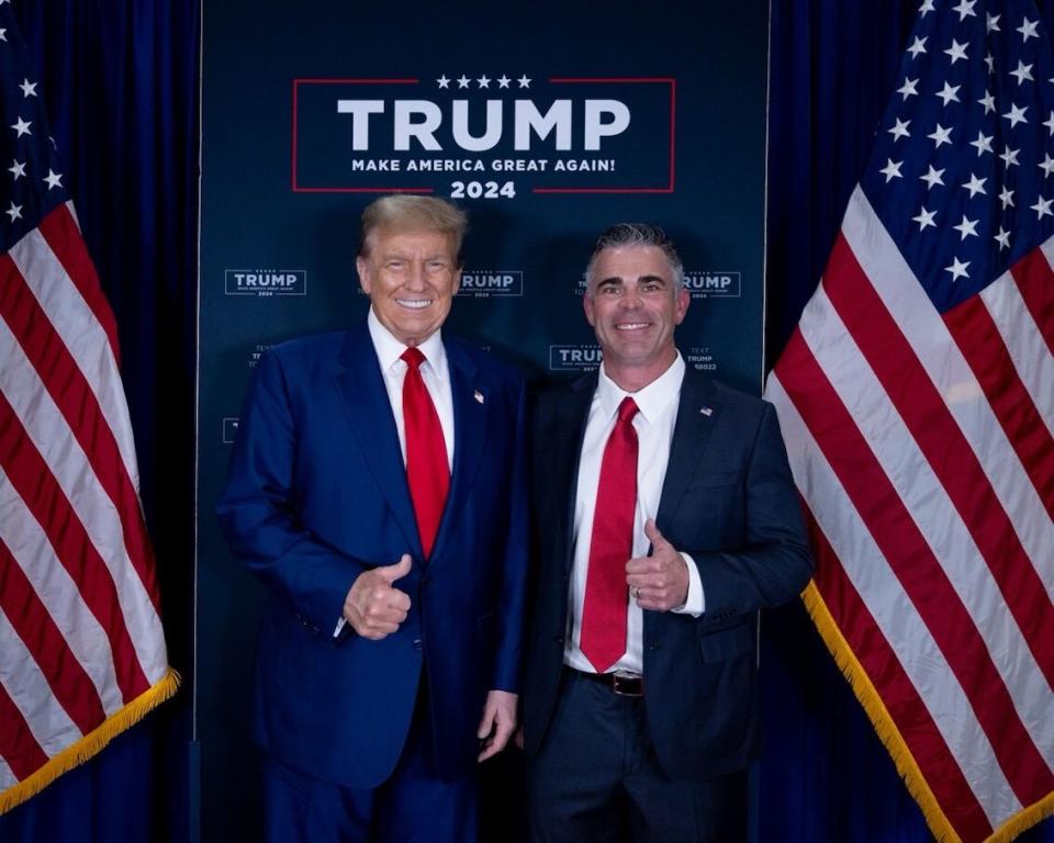 Ex-gas station chain owner Tony Wied, right, is shown with former President Donald Trump during a Trump campaign rally in Green Bay on April 2, 2024. Trump on Sunday endorsed Wied's Republican candidacy for the congressional seat being vacated by U.S. Rep,. Mike Gallagher.