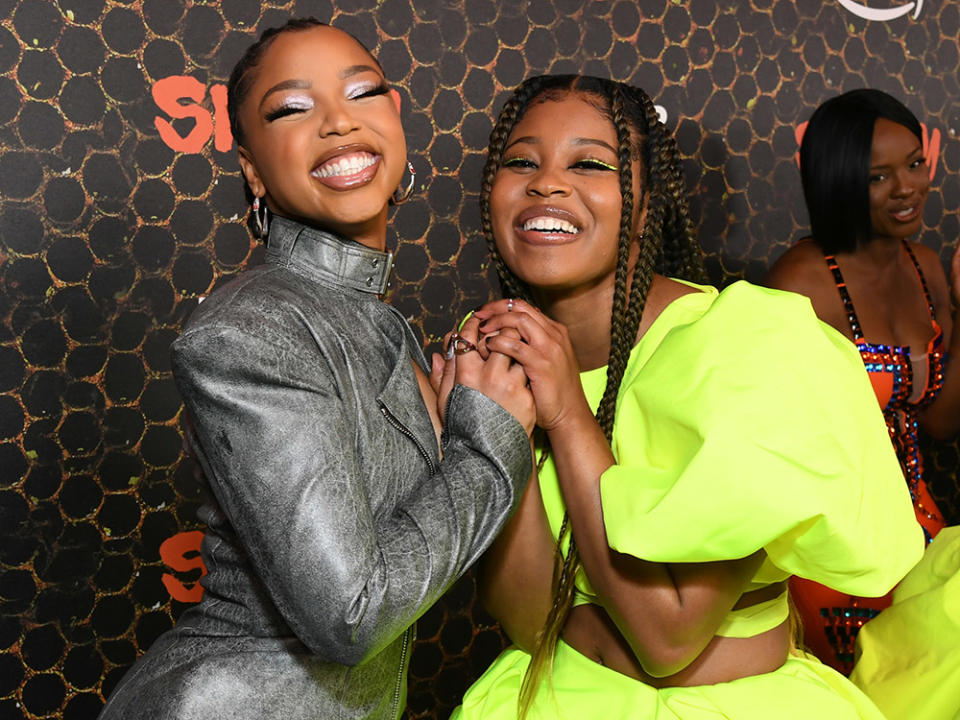 (L-R) Chloe Bailey and Dominique Fishback attend Los Angeles Premiere Of Prime Video's "Swarm" at Lighthouse Artspace LA on March 14, 2023 in Los Angeles, California.