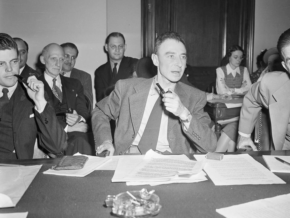 J. Robert Oppenheimer testifying before the Senate in October 1945.