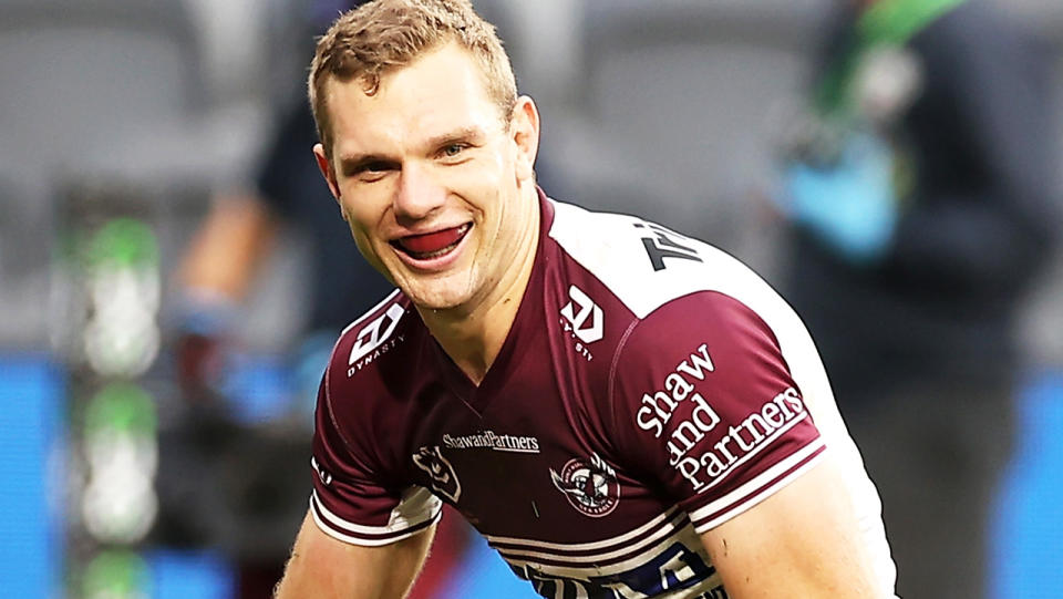 Tom Trbojevic, pictured here in action for Manly against the Bulldogs.