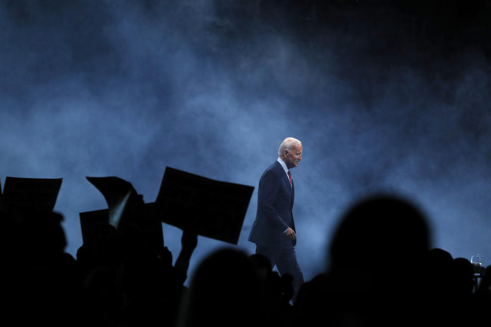 Democratic presidential candidate former Vice President Joe Biden walks on stage to speak at the Iowa Democratic Party's Liberty and Justice Celebration, Friday, Nov. 1, 2019, in Des Moines, Iowa. (AP Photo/Charlie Neibergall)
