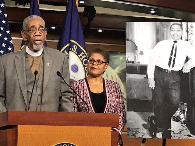 Democratic Reps. Bobby Rush of Illinois and Karen Bass of California, chairwoman of the Congressional Black Caucus, urged their colleagues to support an antilynching bill Feb. 26 named after Emmett Till.