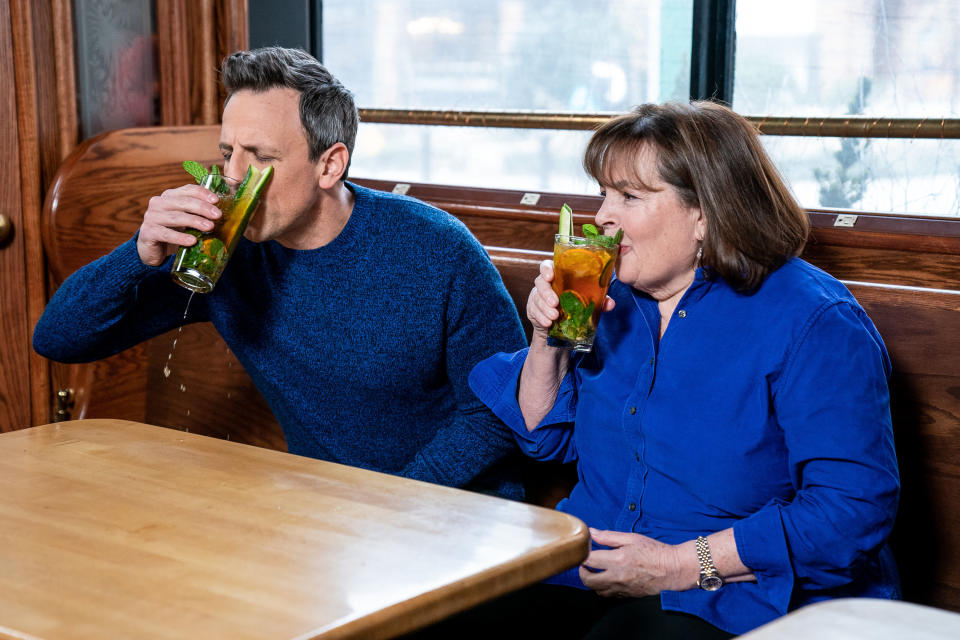 Seth Meyers and Ina Garten drink Pimm's Cups to start their afternoon. (Photo: NBC via Getty Images)