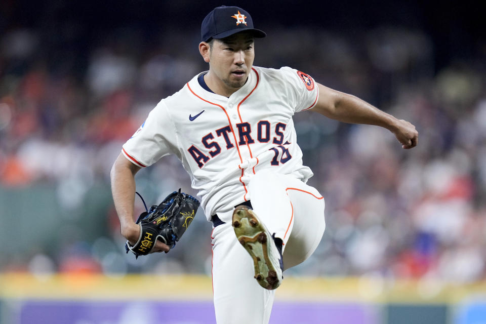 Houston Astros starting pitcher Yusei Kikuchi follows through on a pitch against the Arizona Diamondbacks during the first inning of a baseball game, Saturday, Sept. 7, 2024, in Houston. (AP Photo/Eric Christian Smith)