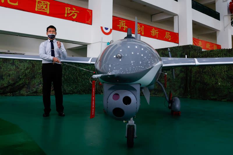 Taiwan's Defence Ministry showcases its domestically developed drones to the press in Taichung