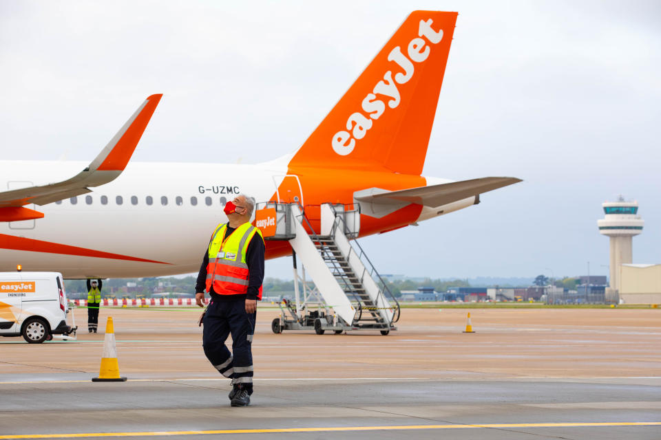 <p>EDITORIAL USE ONLY Crew prepare the first holiday and leisure flight for take-off at Gatwick Airport, as easyJet relaunch flights from the UK to green-lit destinations today, for the first time this year. Picture date: Monday May 17, 2021.</p>
