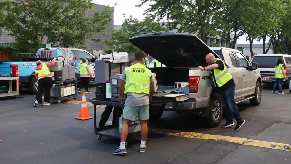 Ada County poll workers at the county Elections Office receive voting machines and equipment from each of the county’s 197 precincts after the primary election on May 21, 2024.