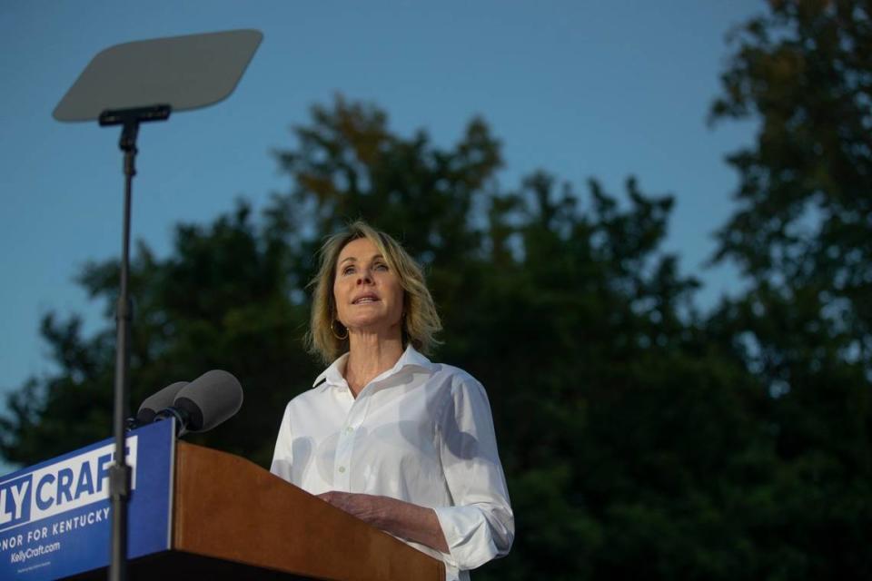 Kelly Craft speaks at her Campaign Kick Off for Governor of Kentucky outside the Barren County Courthouse in Craft’s hometown of Glasgow, Ky., on Tuesday, Sept. 13, 2022.