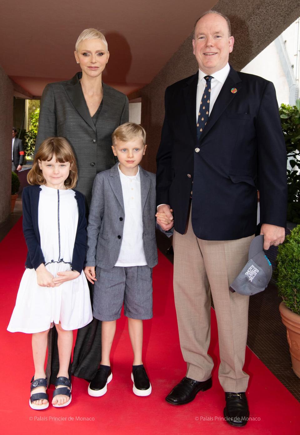 Prince Albert II of Monaco, Princess Charlene of Monaco, Princess Gabriella and Hereditary Prince Jacques attend the ABB FIA Formula E Championship - Monaco E-Prix Round 6 on April 30, 2022 in Monaco, Monaco.   Eric Mathon / Courtesy of Prince's Palace