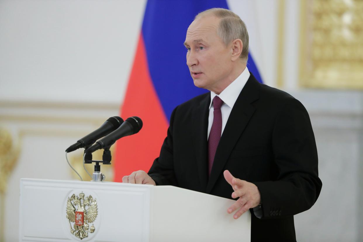 <p>Russian president Vladimir Putin appears at a ceremony for newly appointed foreign ambassadors in Moscow on 23 November.</p> (via REUTERS)