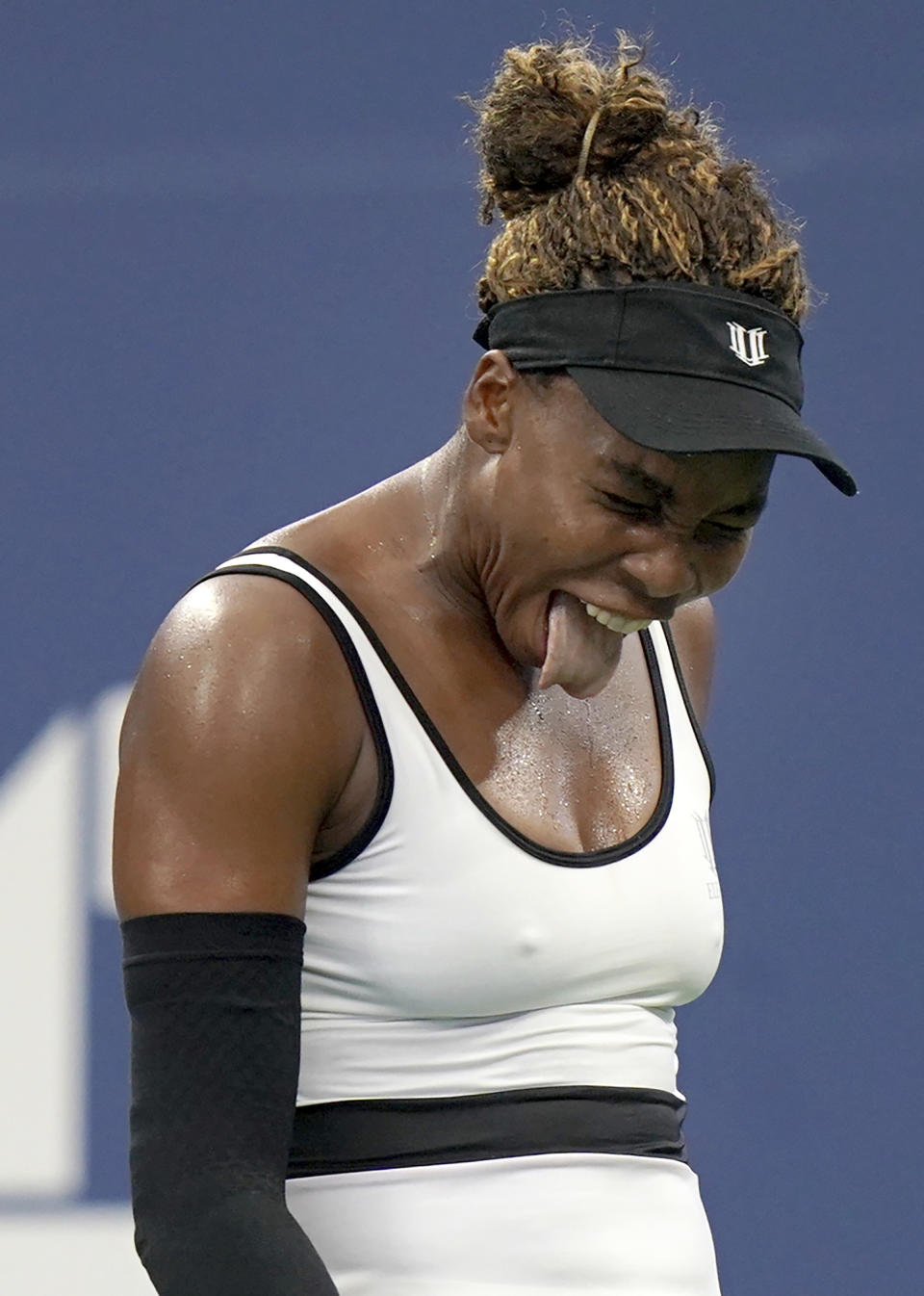 Venus Williams, of the United States, reacts after losing a point to Elina Svitolina, of Ukraine, during the second round of the US Open tennis championships Wednesday, Aug. 28, 2019, in New York. (AP Photo/Michael Owens)